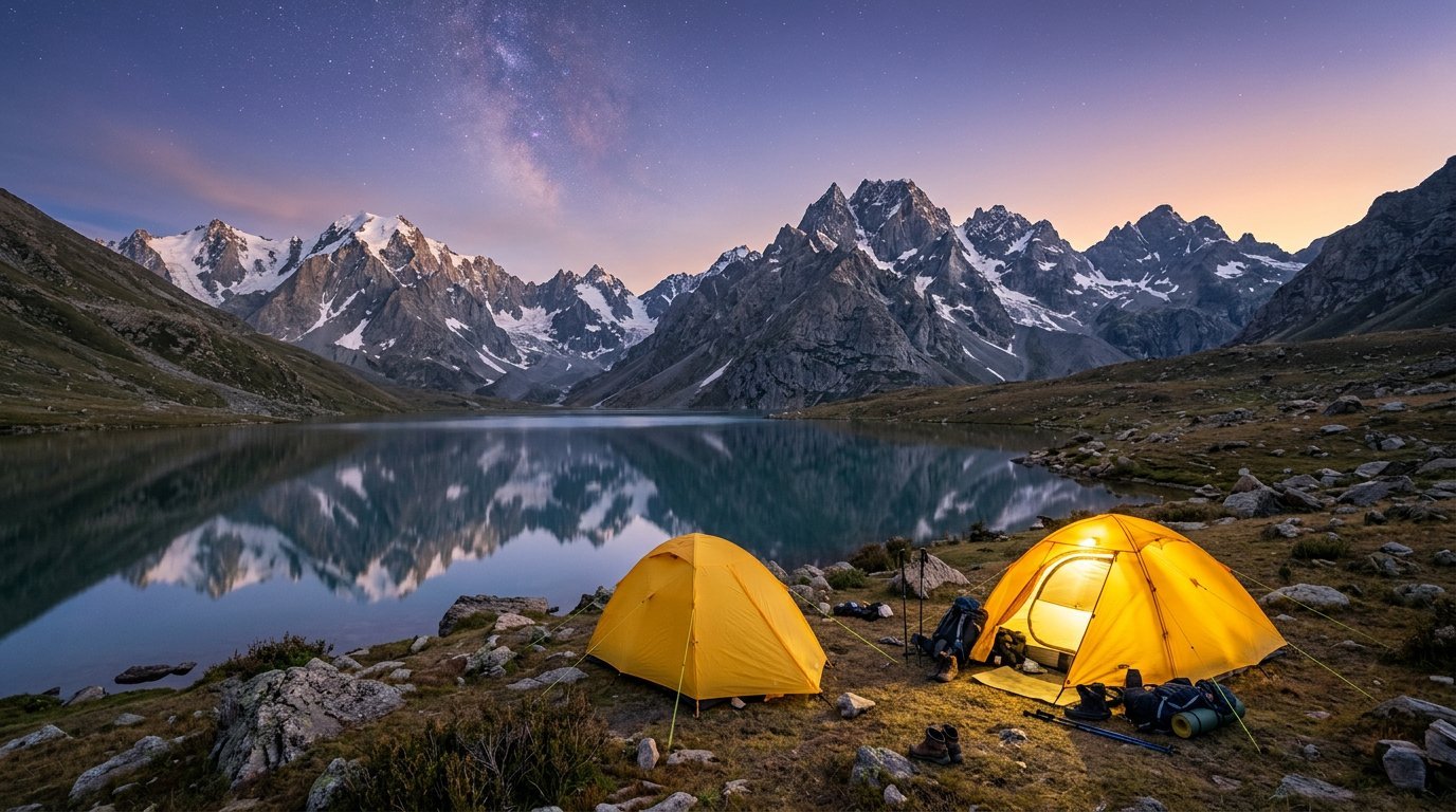 Camp beside an alpine lake on the Kashmir Great Lakes trek